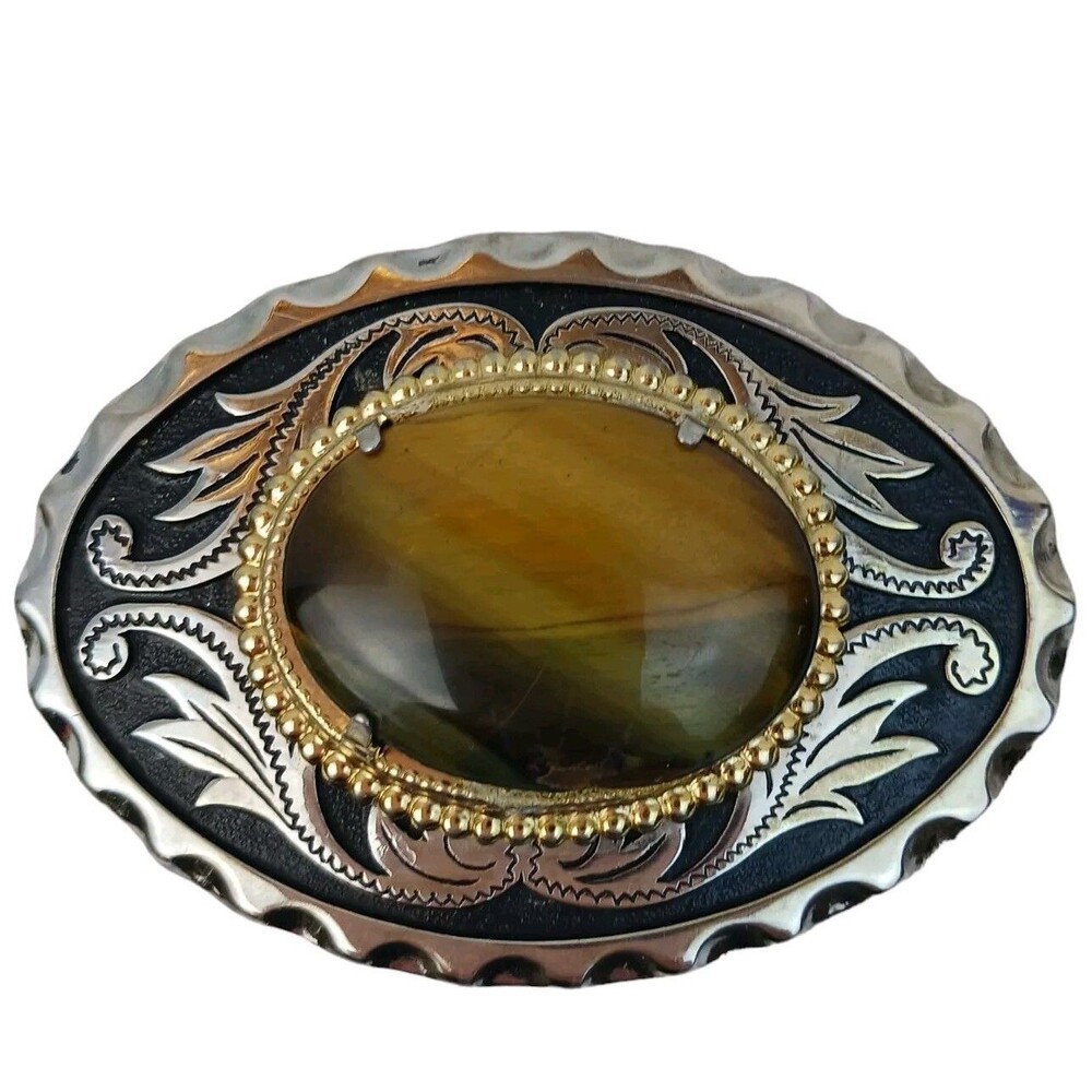 Belt Buckle Metal Brown Striped Stone Tigers Eye? Western Design 2 Tone Vtg